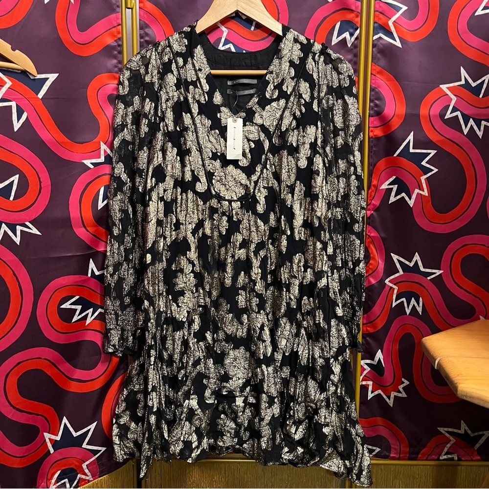 NWT by Anthropologie Metallic Gold Black Foil Mini Tunic Long Sleeve Dress Mesh - Picture 2 of 12